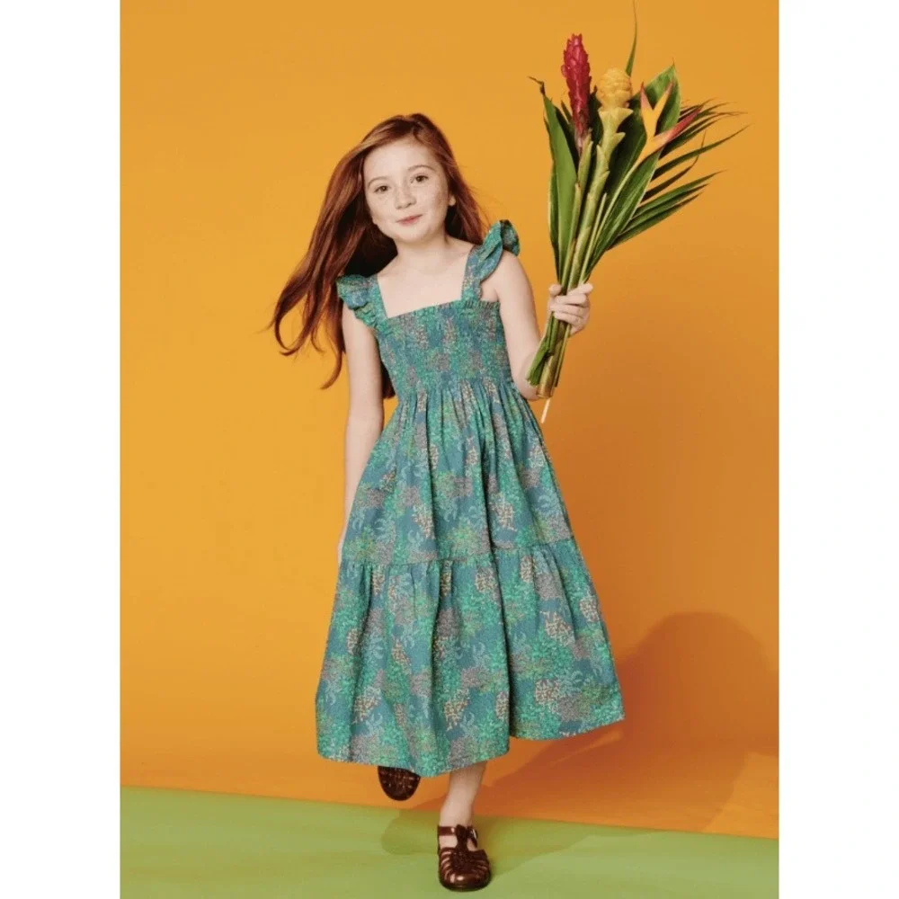 Tea Collection Girls Teal Floral Smocked Tiered Midi Dress Ruffle Straps Size 5